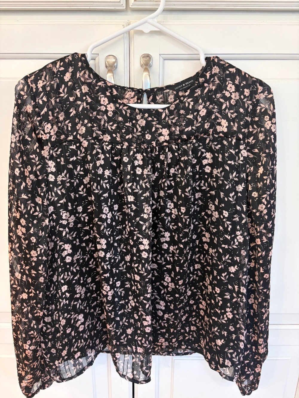 Lucky, black floral, long sleeve blouse, size medium